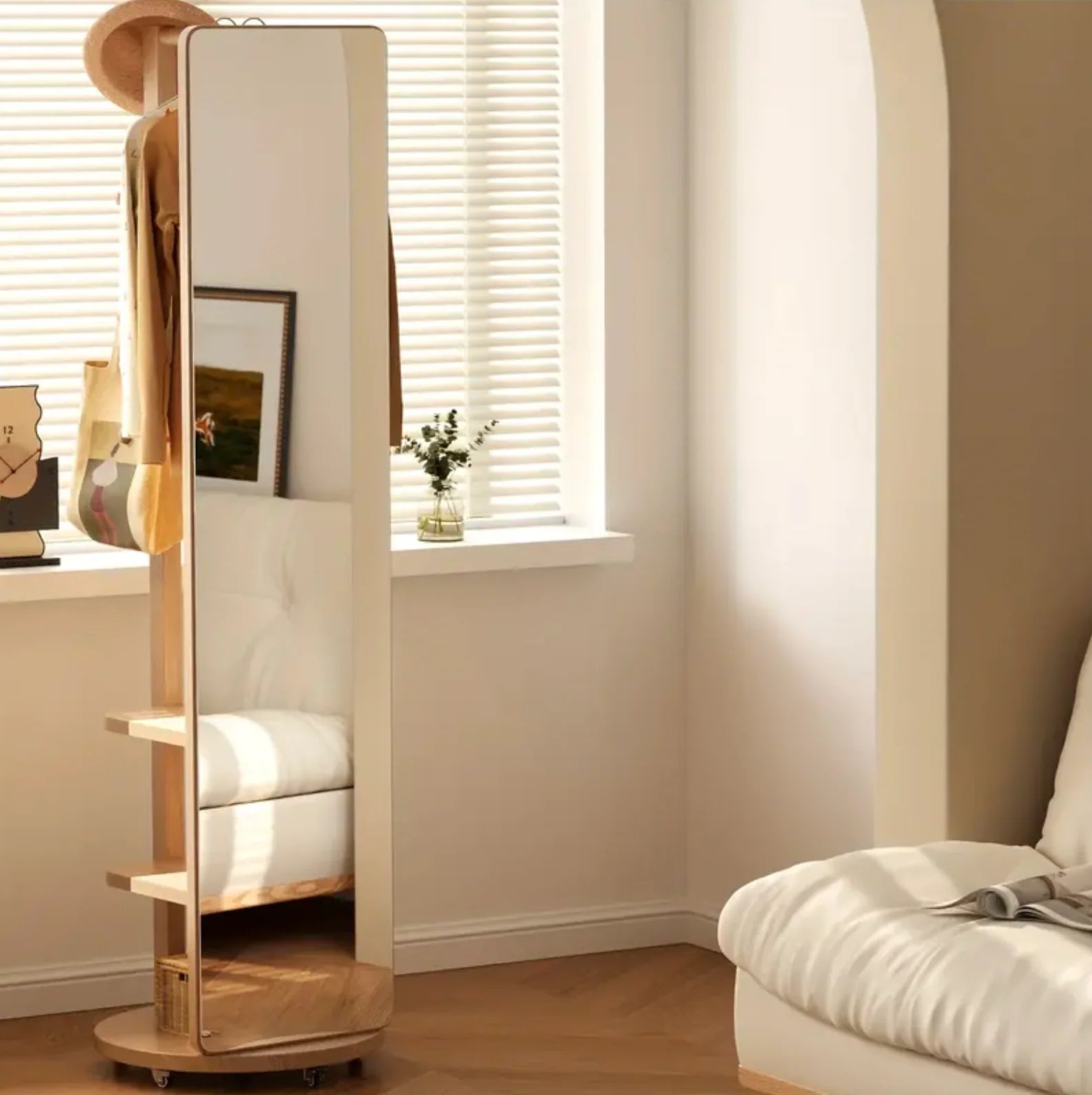 🪞 Spectre 🌿 Miroir sur pied en bois massif 🌿 Pivotant ✨ avec porte‑manteau intégré 👔